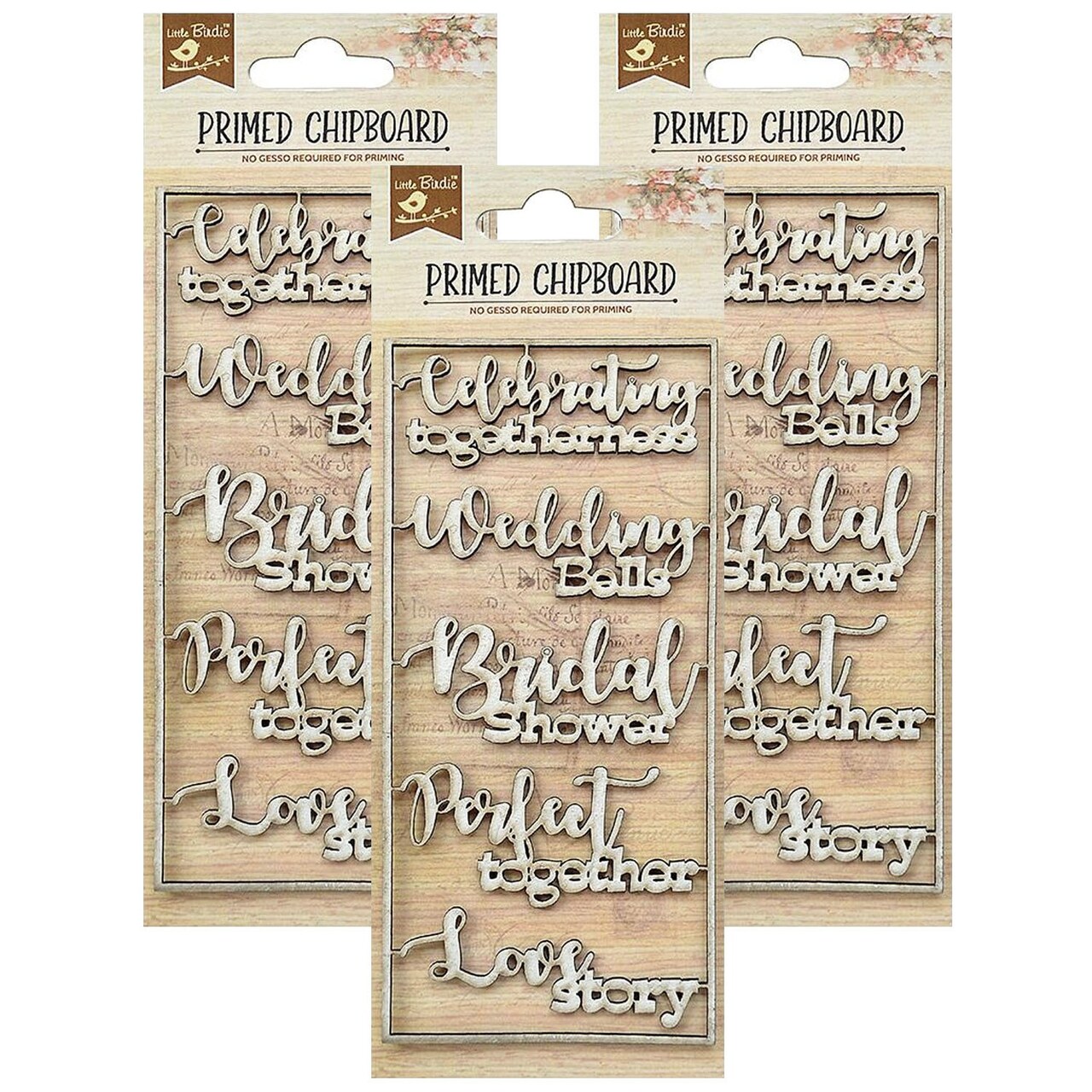 Pack of 3 - Little Birdie Laser Cut Primed Chipboard 1/Pkg-Wedding Bells